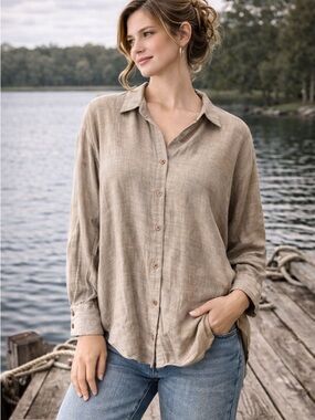 Stitch & Feather Button Up Oversized Cotton Blend Shirt Tan Size Small